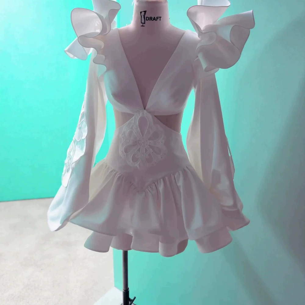 Forever 21 Elegant White Square Neck Waist Cutout Ruffle Dress for Fall